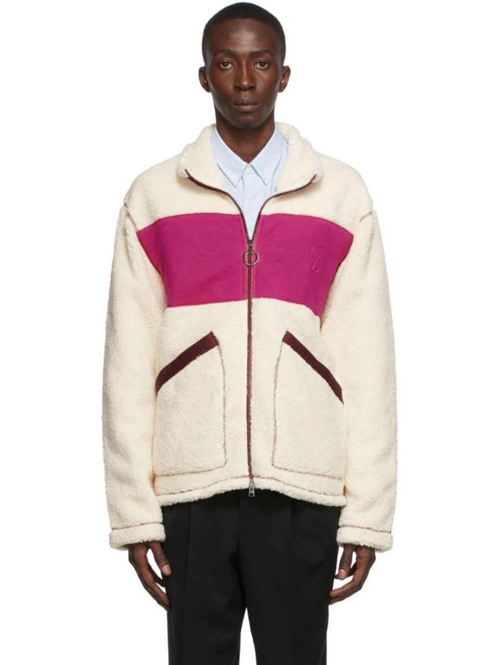 AMI Paris Ami de Cœur Faux Shearling Zipped Jacket Off White/Fuchsia Unisex - Picture 2 of 16